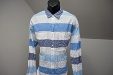 Express Dress Shirt Mens XL Blue White Striped Linen Blend Button Up Excellent