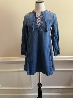 Ulla Johnson Deren Short Denim Dress Slip Pocket Boho Long Sleeve Size 0