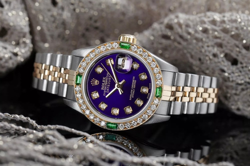 26 mm Rolex Datejust Purple Diamond Dial Two Tone Watch Diamond & Emerald
