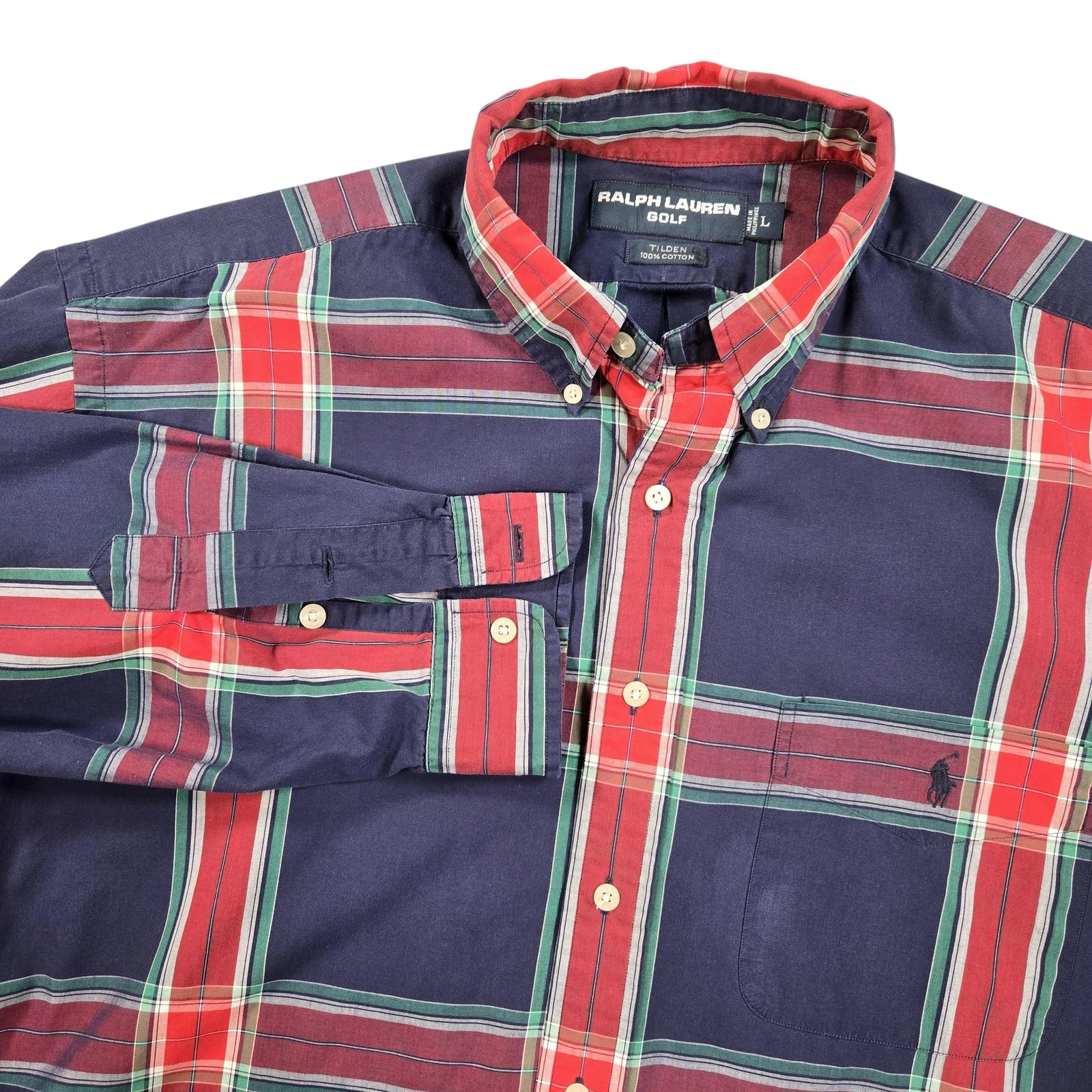 Ralph Lauren Golf Tilden Shirt Mens Large Blue Red Plaid Long Sleeve Button Down