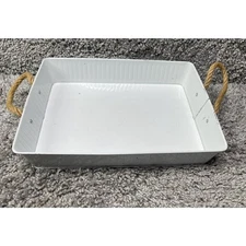 White Metal Serving Tray Rope Handle Farmhouse Rustic 12inX9inX3in Home Decor