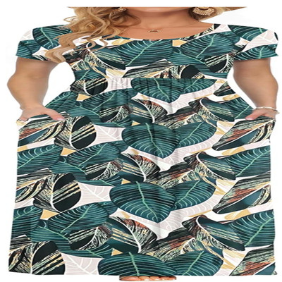 Sommerkleid Damen Kurzarm lang Maxikleid mit Taschen Casual locker Strandkleid