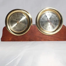 VTG Versailles Nautical Brass Ship's Clock & Barometer Wooden Base