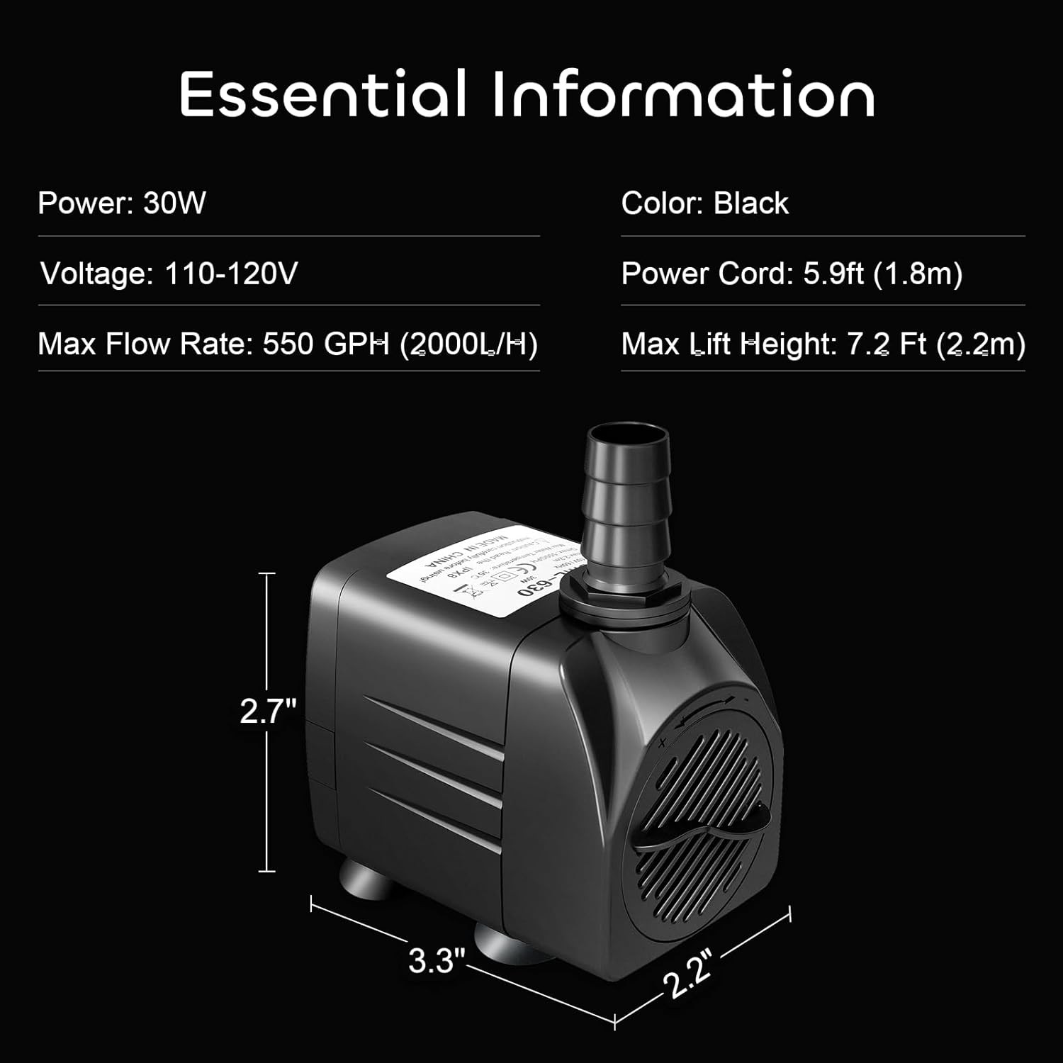 GROWNEER 550GPH Submersible Pump 30W Ultra Quiet Fountain 550 GPH, Black 