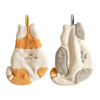 Corals Fleece Hand Towel Absorbent Quick Drying Hanging Towel with Cute Cats