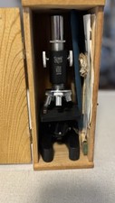 Vtg United Microscope 150X750 Made In Japan Wooden Box And Accesories Manual