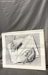 M.C. Escher Drawing Hands Vintage Lithograph Art Print 22x26 Surrealism Holland
