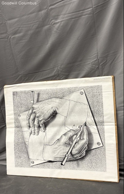 M.C. Escher Drawing Hands Vintage Lithograph Art Print 22x26 Surrealism Holland