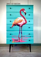 Hand Painted Teal & Pink Flamingo Tall Chest of Drawers
