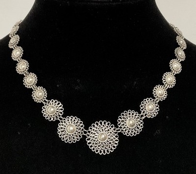 Vintage Sterling Silver Floral Design Link Necklace 17   52 g
