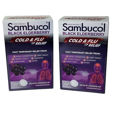 Sambucol Black elderberry Cold & Flu Relief Tablets 30 Ct 2 Boxes New Sealed