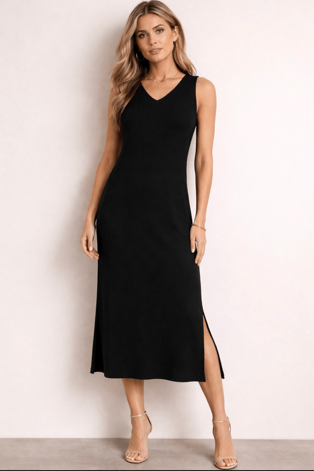By Tavi Black Sleeveless V-Neck Ribbed MIDI Dress Size Small