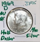 1969 D Kennedy Silver Half Dollar About Uncirculated Denver 40% Silver - 26B