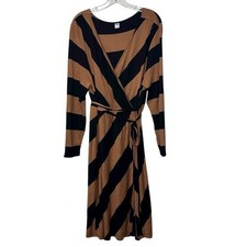 Old Navy 2X Faux Wrap Dress Long Sleeve Stripe Brown Black Fit & Flare V Neck