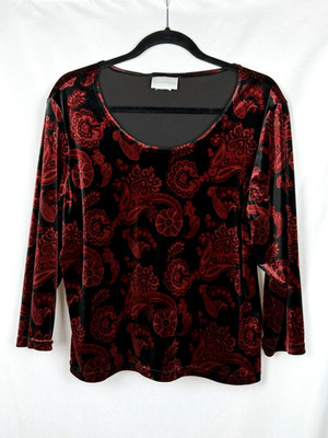 Vtg Worthington Red Black Paisley Velvet Top 3/4 Sleeve L / XL Y2K  Whimsigoth