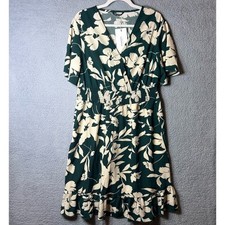 Bloom Chic Dress Womens 12 Green Floral Smocked Waist Surplice Neck Dress NEW