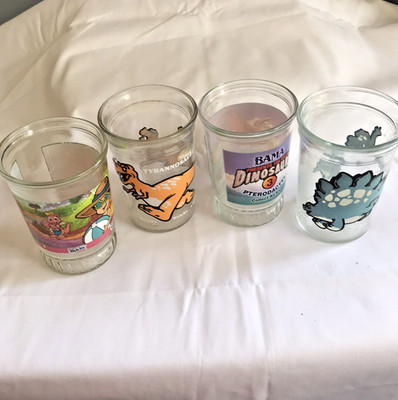 4 Vintage Welch s  Bama Dinosaur Jelly Jar Glasses Tyrannosaurus Pteranodon