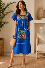 Mexican Embroidered Caftan Puebla Dress Blue Floral Oaxaca Muumuu OS Vintage