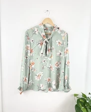 Pleione XL Green Floral Pussy Bow Long Sleeve Blouse Top Women’s XL