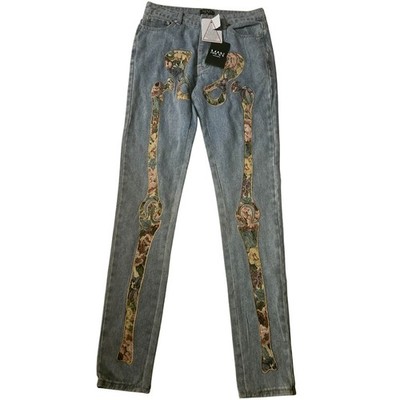BoohooMAN Jeans Mens 30 Floral Tapestry Skeleton Embroidered
