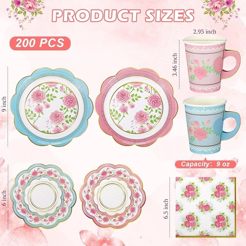 Conjunto de festa chá descartável floral 24 xícaras pratos guardanapos eventos reuniões novo - Imagem 4 de 4