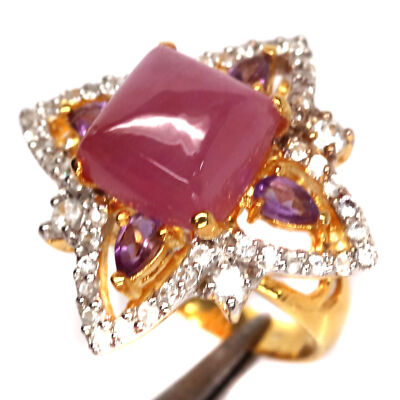 PNG 925 Sterling Silber Ring 6,5 Pink Ruby, Zircon & Amethyst 9x10mm