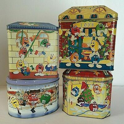 Vintage M&Ms Holiday Metal Container X 4 Limited Edition Christmas Decoration