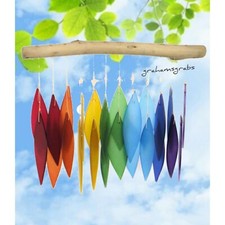 OVER THE RAINBOW GLASS & DRIFTWOOD WIND CHIME LEAF DESIGN HAND CUT SANDBLASTED