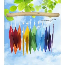 OVER THE RAINBOW GLASS & DRIFTWOOD WIND CHIME LEAF DESIGN HAND CUT SANDBLASTED