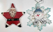 2 Christmas Ornaments: Star Shaped Santa & Smiling Snowflake Snowman Head