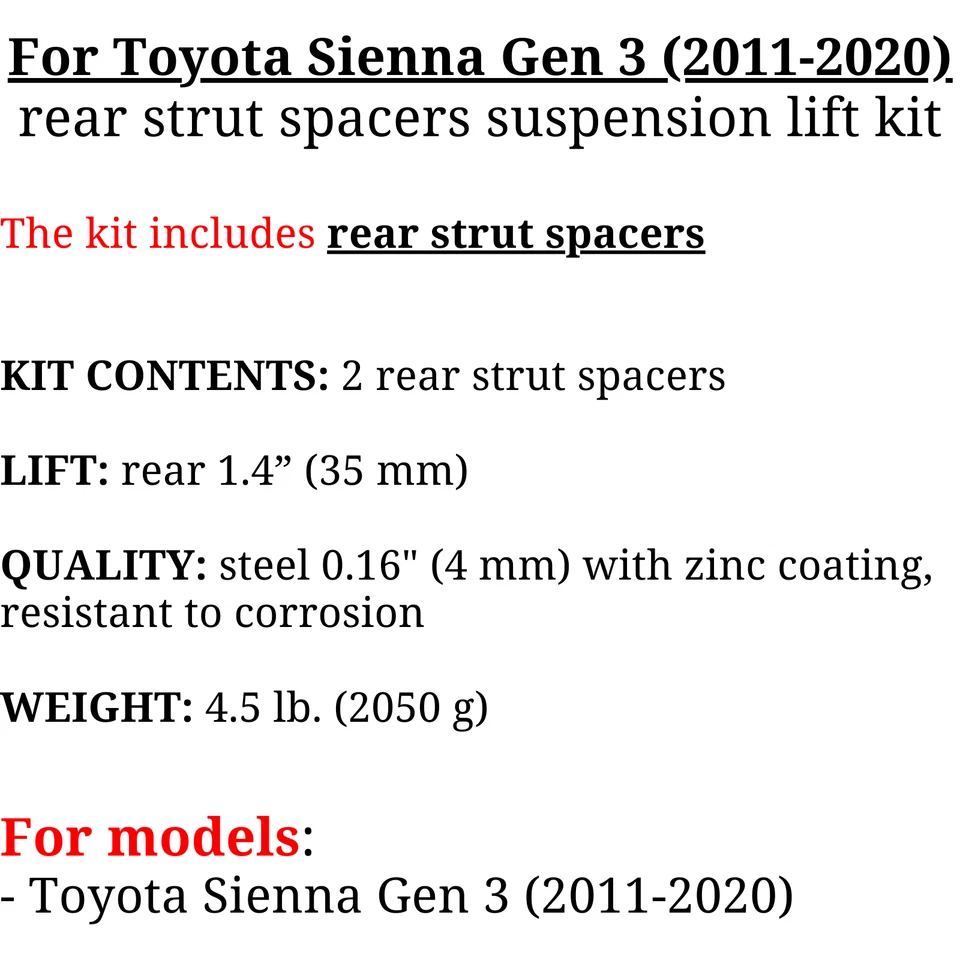 Kit Elevador Suspensión Espaciadores Puntal Trasero Toyota Sienna (2011-2020) Foto 3 de 4