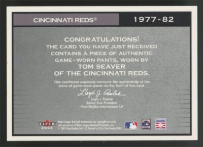 2002 Flair Great Cut of History Patch Tom Seaver Cincinnati Reds