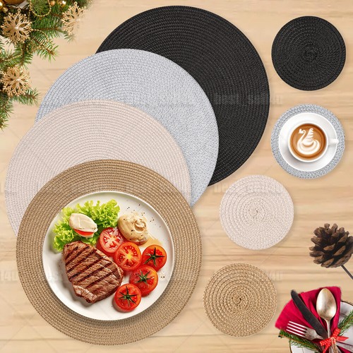 Set of 6 Round Braided Placemats + 6 Coasters Woven Dining Table Mats Washable