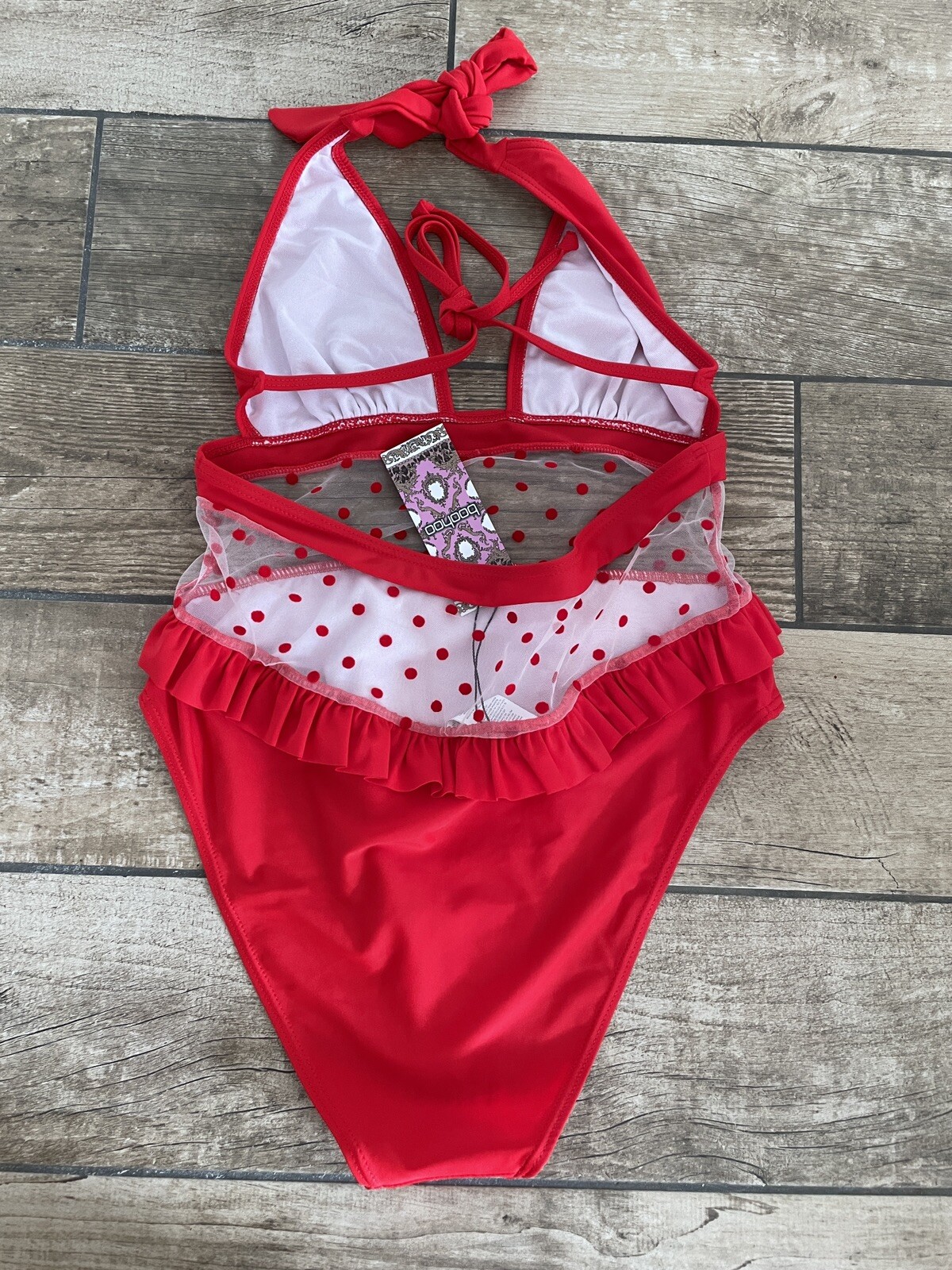 NEW BOOHOO SWIMMING COSTUME UK 14 POLKA DOT MESH PLUNGE PEPLUM TRIM RED