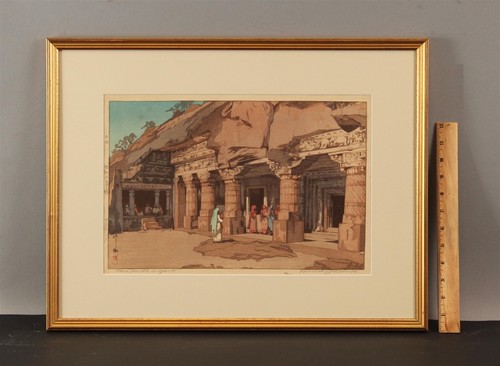 HIROSHI YOSHIDA Cave Temple Ajanta India, Signed Orientalist Japanese Woodblock