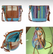 New Neiman Marcus Nanette Lepore Leather Striped Canvas Bucket Bag Crossbody