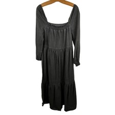 ASOS Prairie Dress Size 6 Denim Midi Smocked 100% Cotton Black Casual Ruffles