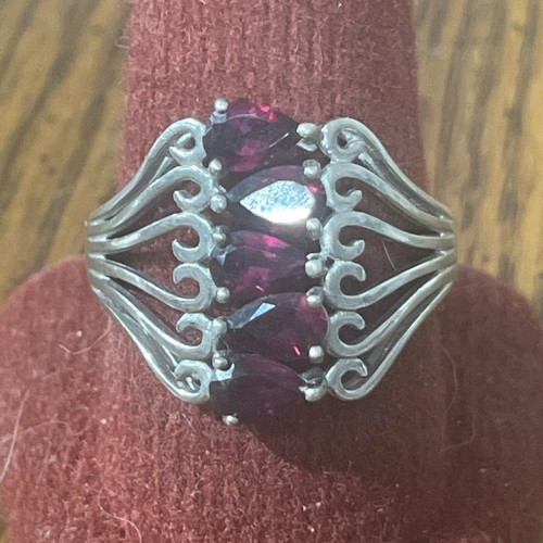 DK 925 Vtg. Sterling Rhodolite Ring Scrolling Features Pear Shaped Garnet Sz 10 - Picture 8 of 8