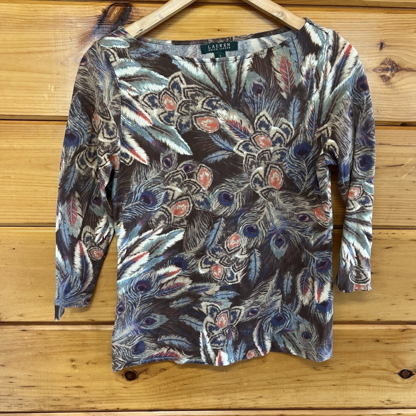 Lauren Ralph Lauren Brown Rare Feathers Pattern Long Sleeve Top Shirt Size S