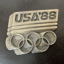 USA 1988 Olympic Silver Belt Buckle Collectible with Olympic Rings Team USA