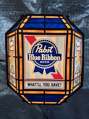 Vintage 1986 Pabst Blue Ribbon Beer Faux Stained Glass Lantern Lighted Sign