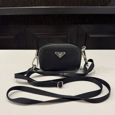 Prada Mini Saffiano Camera Crossbody Bag Black Leather Silver Auth