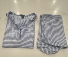 Ralph Lauren Pajama Set Womens XL Blue White Stripes Logo 2 Piece