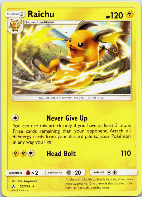 Raichu - 55/214 - Rare - Unbroken Bonds - NM/M