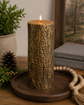 Gold Birch Bark Pillar Candle 10'' Rustic Woodland Cabin Lodge Decor Unused