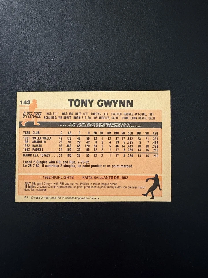 1983 O-Pee-Chee Set-Break #143 (RC)Tony Gwynn HOF VG-VGEX! - Image 2 of 2