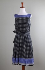 TALBOTS $139 Check Geo Print A-Line Belted Pleated Lined Dress Size 6 Petite