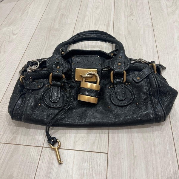 Auth Chloe Paddington Handbag Black Gold Padlock Leather Good