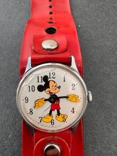 Vintage 1960s Mickey Mouse Manual Wind Watch with Red Leather Cuff Band