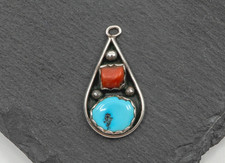 Vintage Southwestern Turquoise & Coral Sterling Silver Teardrop Necklace Pendant